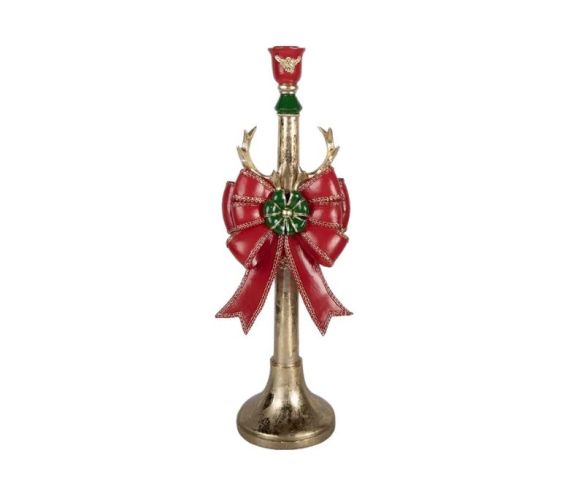 Chandelier doré patiné nœud rouge vert bois de cerf socle rond L15xl12xH45cm