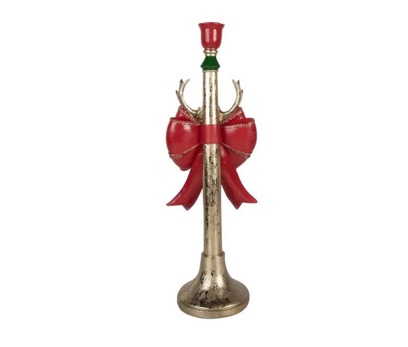 Chandelier doré patiné nœud rouge vert bois de cerf socle rond L15xl12xH45cm