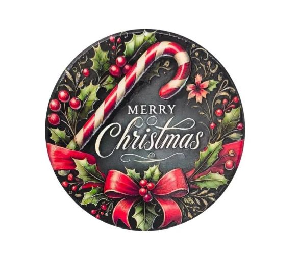 Round Christmas coaster black background holly red berries candy cane red bow Merry Christmas lettering Ø10cm