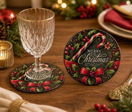 Sous-verre rond Noël fond noir houx baies rouges sucre d'orge nœud rouge inscription Merry Christmas Ø10cm