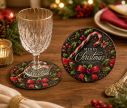 Voir la slide Sous-verre rond Noël fond noir houx baies rouges sucre d'orge nœud rouge inscription Merry Christmas Ø10cm