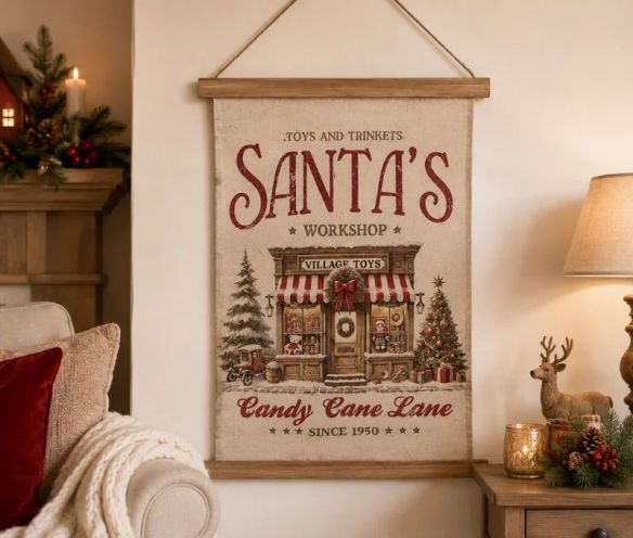 Bannière murale en tissu beige à suspendre boutique de jouets Père Noël sapin cadeaux baguettes bois cordon jute L40xl2xH60cm