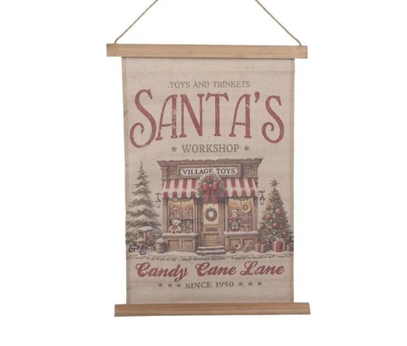Bannière murale en tissu beige à suspendre boutique de jouets Père Noël sapin cadeaux baguettes bois cordon jute L40xl2xH60cm