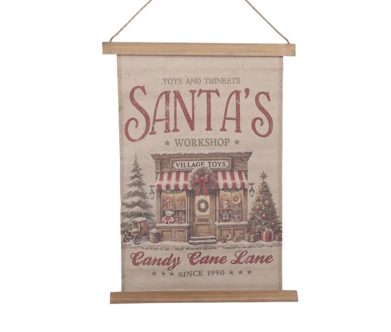 Bannière murale en tissu beige à suspendre boutique de jouets Père Noël sapin cadeaux baguettes bois cordon jute L40xl2xH60cm