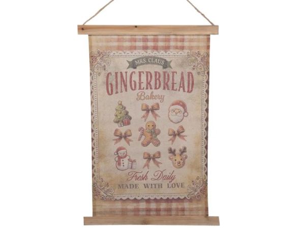 Bannière murale en tissu beige à suspendre Gingerbread Bakery Mrs Claus bonhomme L40xl2xH60cm