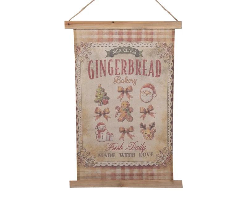 Bannière murale en tissu beige à suspendre Gingerbread Bakery Mrs Claus bonhomme L40xl2xH60cm
