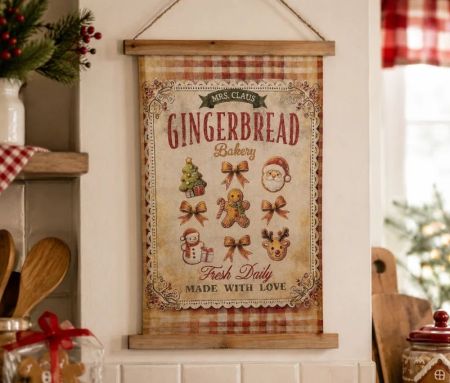 Bannière murale en tissu beige à suspendre Gingerbread Bakery Mrs Claus bonhomme  L40xl2xH60cm