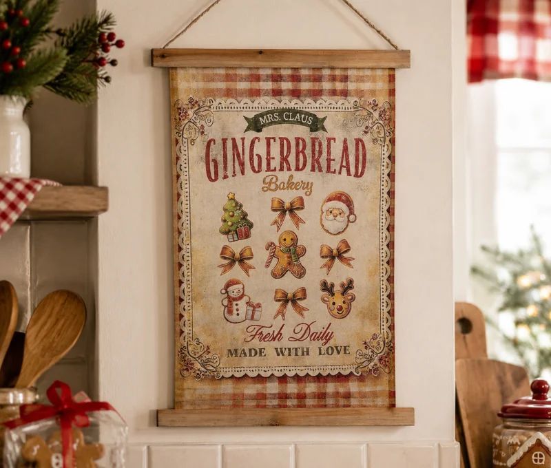 Bannière murale en tissu beige à suspendre Gingerbread Bakery Mrs Claus bonhomme  L40xl2xH60cm