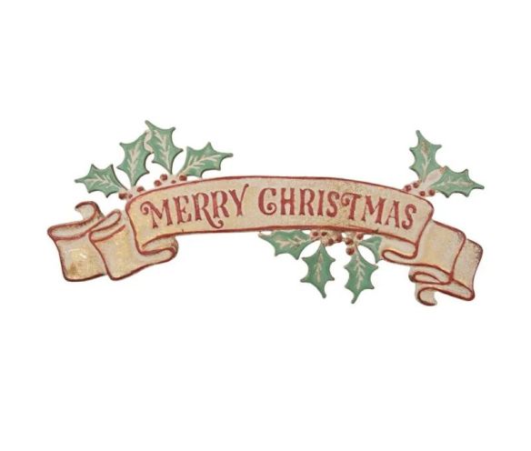 Plaque murale métal ruban Merry Christmas houx rouge vert doré vieilli L60xl1xH25cm