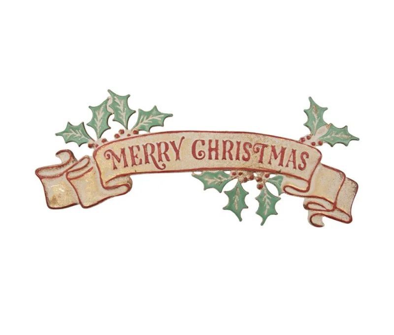 Plaque murale métal ruban Merry Christmas houx rouge vert doré vieilli L60xl1xH25cm