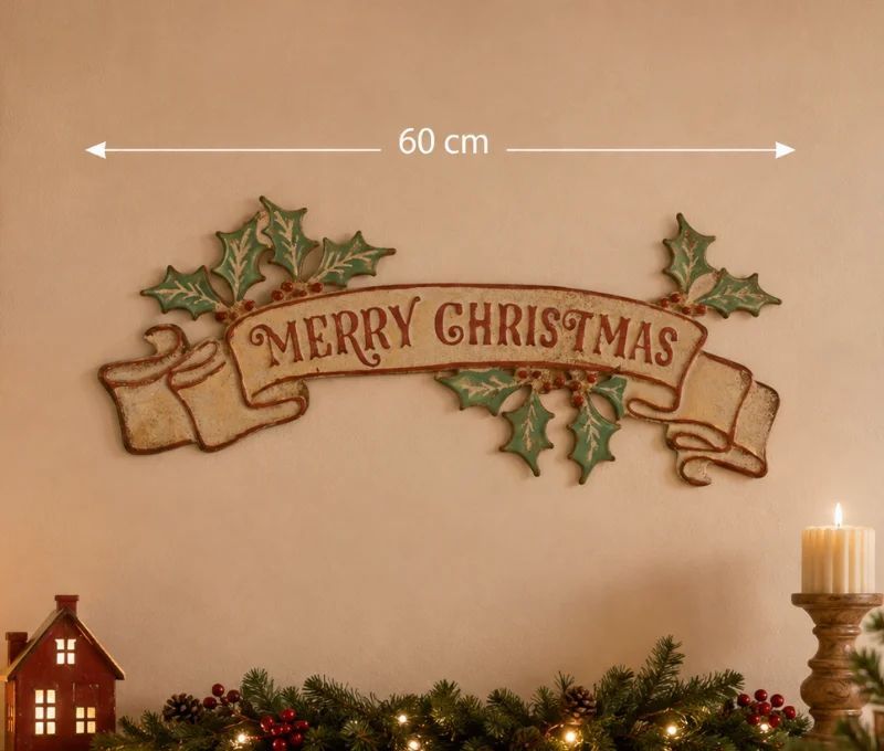 Plaque murale métal ruban Merry Christmas houx rouge vert doré vieilli L60xl1xH25cm