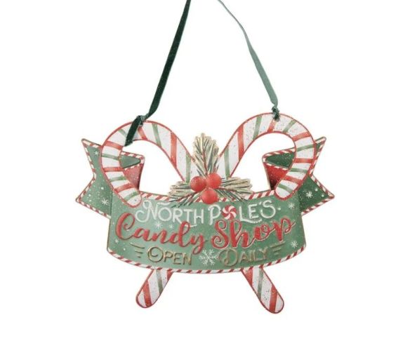 Plaque métal à suspendre vert sucres d'orge rouge blanc North Pole's Candy Shop houx ruban vert L36xl1xH37cm