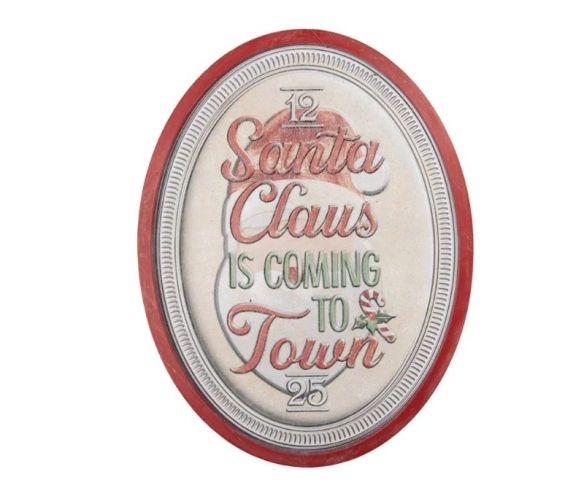 Plaque métal ovale rouge blanc Santa Claus is coming to town sucre d'orge houx H62xL47xl2cm