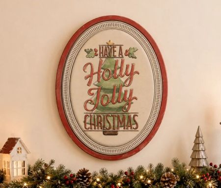 Plaque métal ovale rouge blanc Have a Holly Jolly Christmas sapin houx H62xL47xl2cm