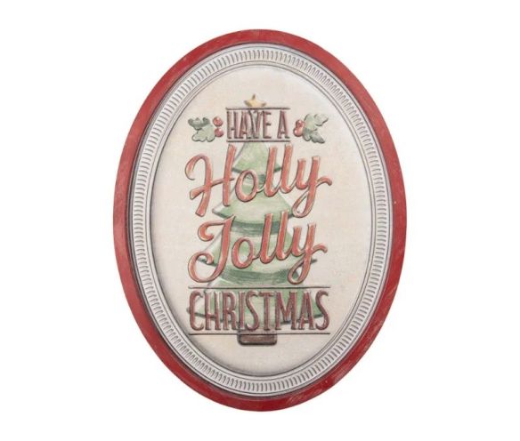 Oval red white metal plaque Have a Holly Jolly Christmas tree holly H62xL47xW2cm