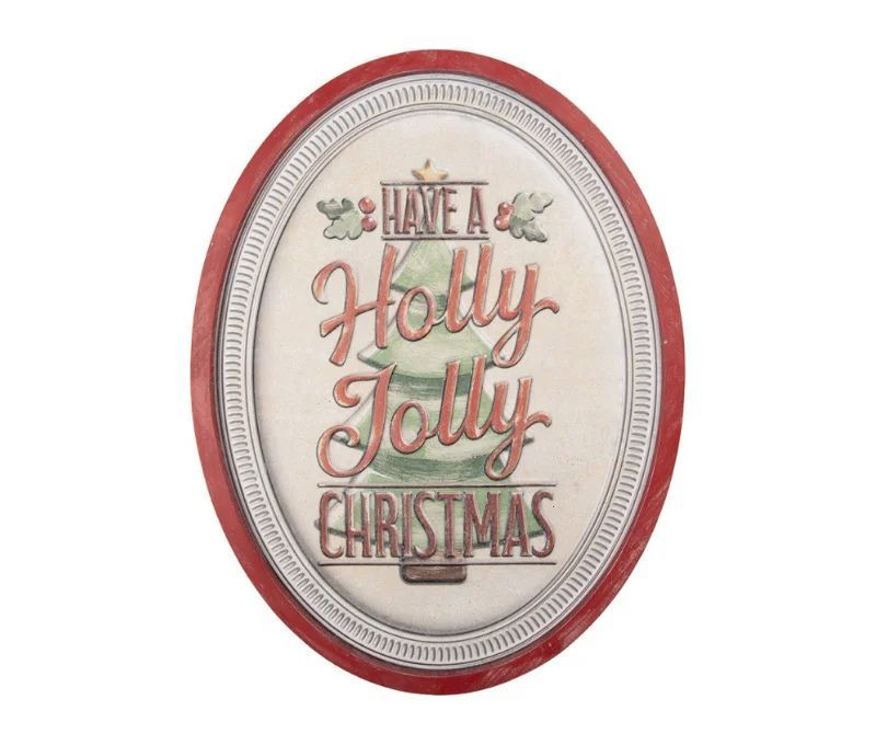 Plaque métal ovale rouge blanc Have a Holly Jolly Christmas sapin houx H62xL47xl2cm