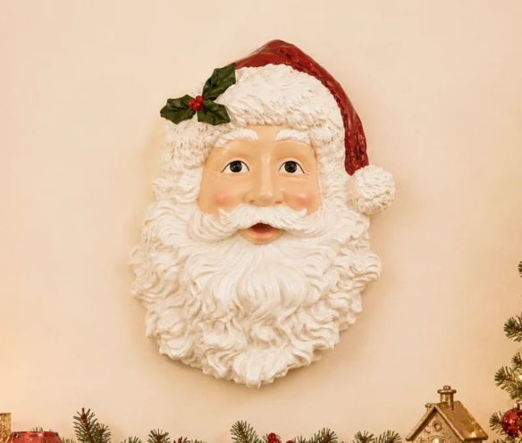Santa Claus wall mount head white beard red hat holly hanging decoration H45xL32xW9cm