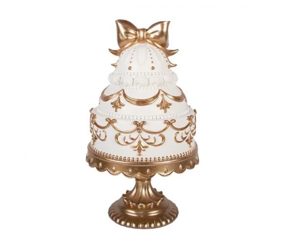 Décoration gâteau blanc et doré nœud socle piédestal Ø19xH33cm