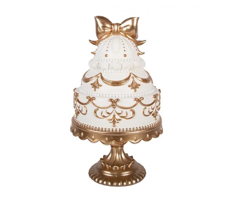 Décoration gâteau blanc et doré nœud socle piédestal Ø19xH33cm