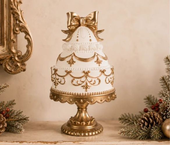 Décoration gâteau blanc et doré nœud socle piédestal Ø19xH33cm