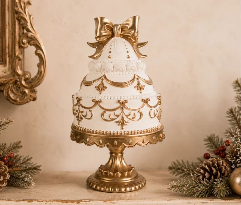 Décoration gâteau blanc et doré nœud socle piédestal Ø19xH33cm