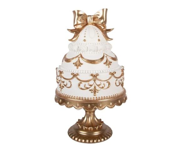 Décoration gâteau blanc et doré nœud socle piédestal Ø19xH33cm
