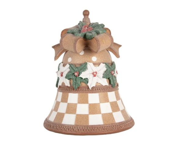 Cloche décorative beige damier blanc nœud doré poinsettias houx pailleté Ø28xH35cm