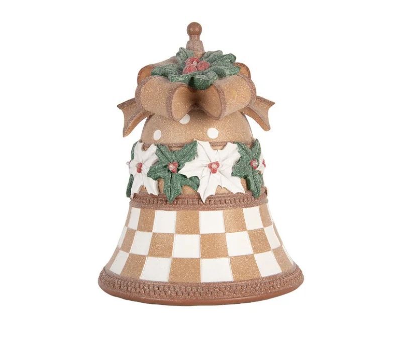 Cloche décorative beige damier blanc nœud doré poinsettias houx pailleté Ø28xH35cm