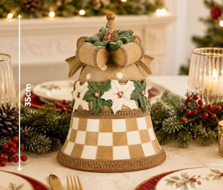 Cloche décorative beige damier blanc nœud doré poinsettias houx pailleté Ø28xH35cm