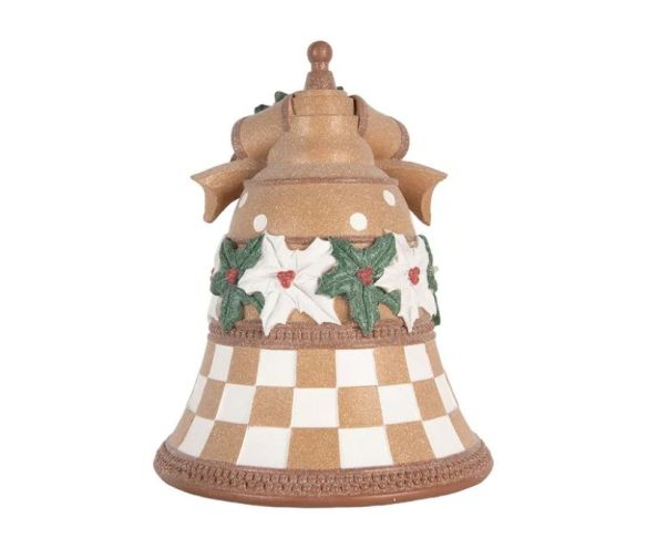 Cloche décorative beige damier blanc nœud doré poinsettias houx pailleté Ø28xH35cm