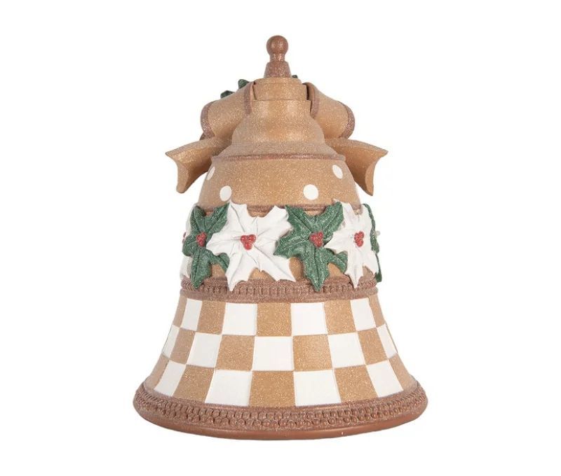 Cloche décorative beige damier blanc nœud doré poinsettias houx pailleté Ø28xH35cm