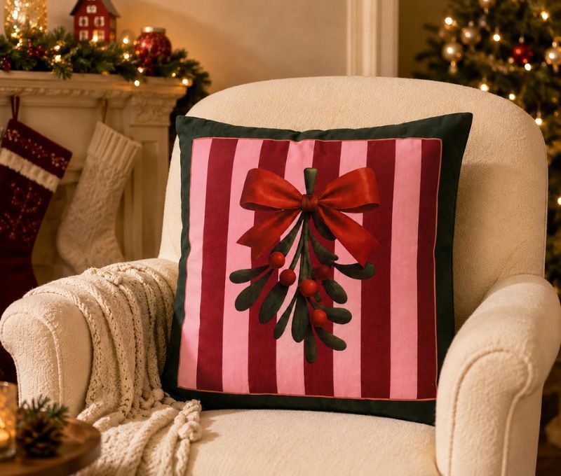 Coussin de Noël rayé rouge rose gui 45x45cm