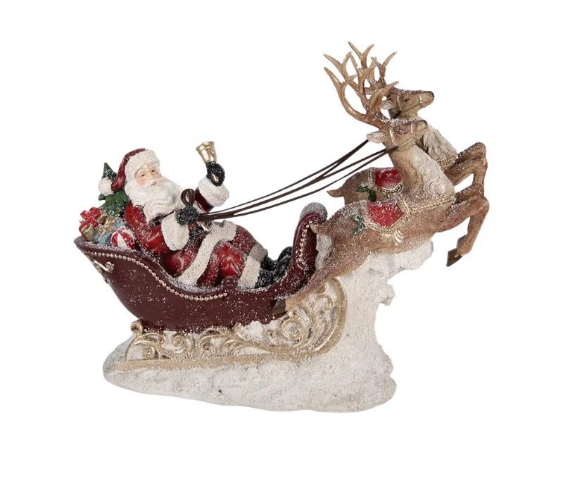 Décoration de Noël Père Noël traîneau rouge doré deux rennes cadeaux socle neigeux L42xl14xH36cm