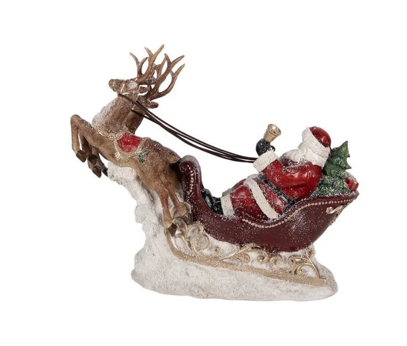Décoration de Noël Père Noël traîneau rouge doré deux rennes cadeaux socle neigeux L42xl14xH36cm
