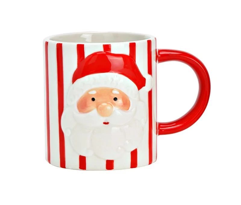 Tasse en céramique rayée rouge blanc visage Père Noël relief 350ml