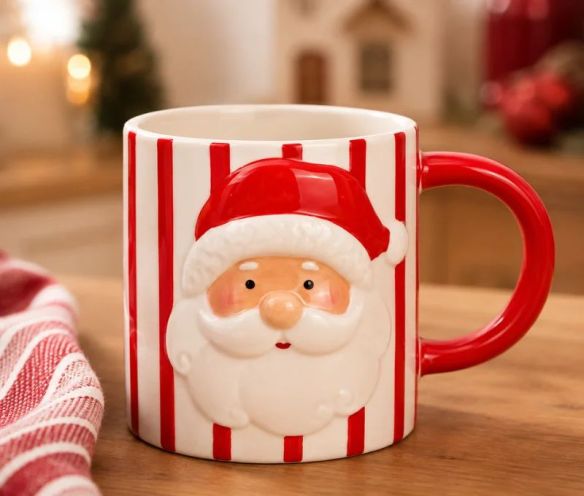 Red white striped ceramic mug embossed Santa Claus face 350ml