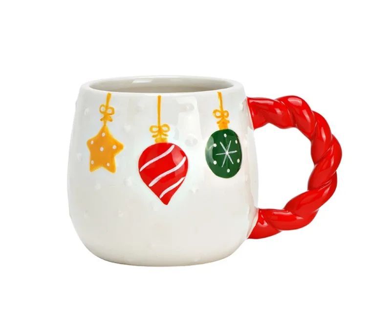 Tasse décor boules de Noël blanche pointillée anse torsadée rouge étoile boule cœur boule flocon L14xl10xH9cm