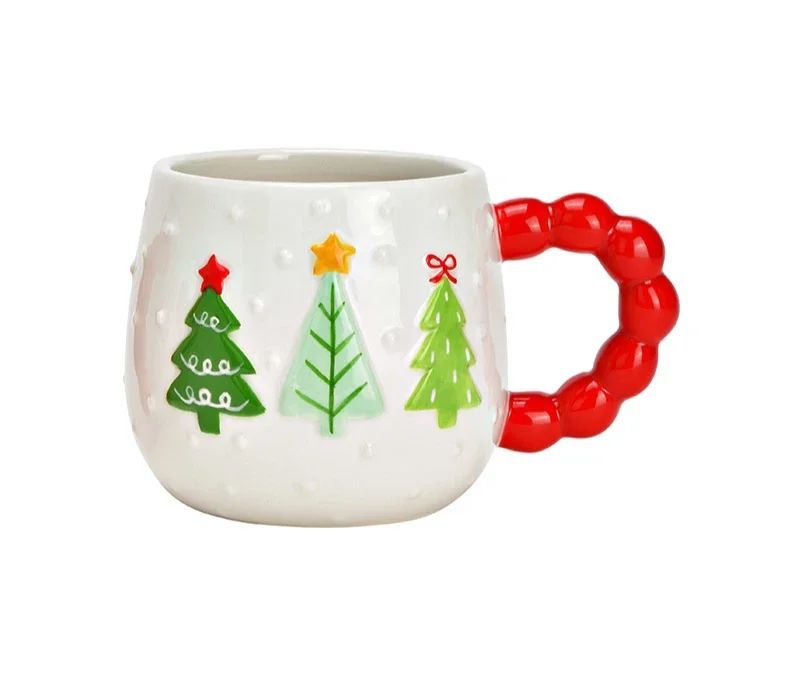 Christmas trees mug white dotted red beaded handle three green trees L14xW10xH9cm