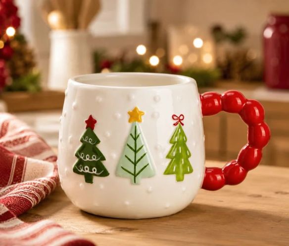 Christmas trees mug white dotted red beaded handle three green trees L14xW10xH9cm
