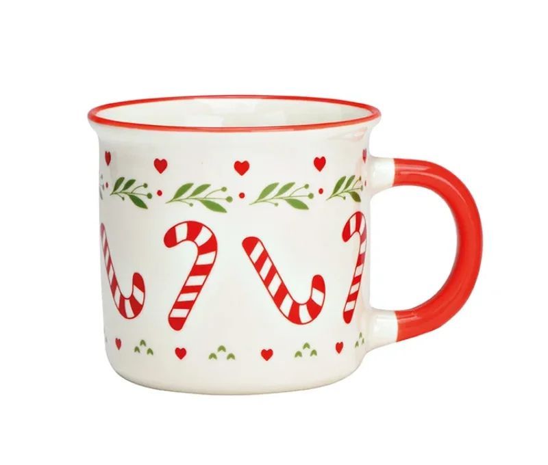Tasse en porcelaine blanche bord et anse rouge sucres d'orge cœurs houx 350ml