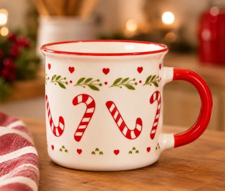 Tasse en porcelaine blanche bord et anse rouge sucres d'orge cœurs houx 350ml