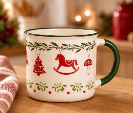 Tasse en porcelaine blanche bord et anse verts guirlande houx cloche sapin cheval à bascule boule rouge 350ml