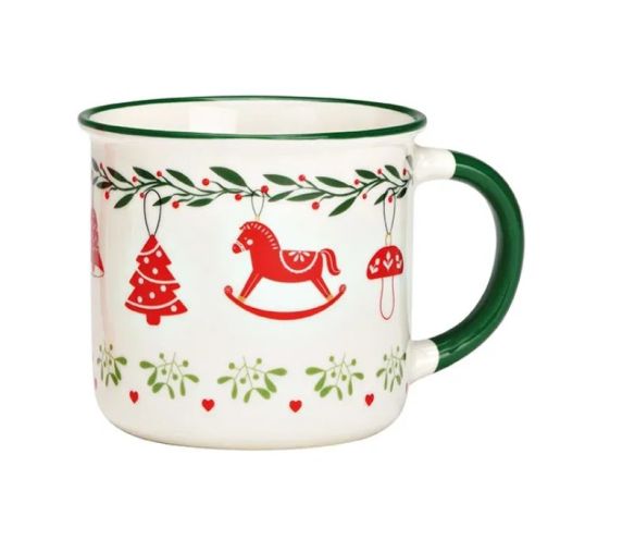 Tasse en porcelaine blanche bord et anse verts guirlande houx cloche sapin cheval à bascule boule rouge 350ml