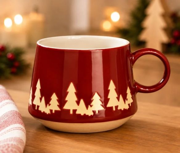 Red stoneware Christmas mug gold tree silhouettes unglazed base red handle white interior 440ml