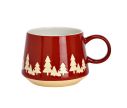 Voir la slide Tasse de Noël en faïence rouge silhouettes de sapins dorés base brute anse rouge intérieur blanc 440ml