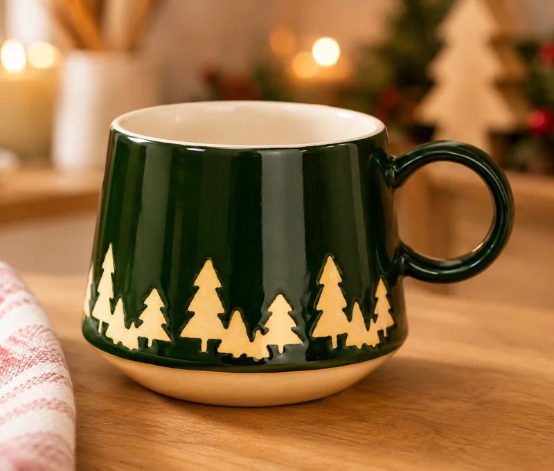 Tasse de Noël en faïence verte silhouettes de sapins dorés base brute anse verte intérieur blanc 440ml