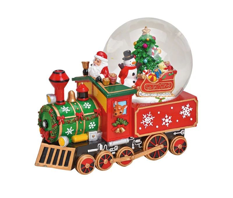 Boîte à musique boule à neige locomotive rouge verte Père Noël bonhomme de neige sapin traîneau roues dorées L25xP14xH21cm