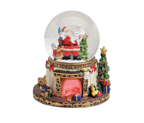 Boîte à musique boule à neige Père Noël lutins sapin cheminée allumée ourson canard socle doré L17xP19xH17cm
