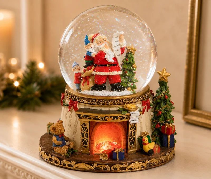 Boîte à musique boule à neige Père Noël lutins sapin cheminée allumée ourson canard socle doré L17xP19xH17cm