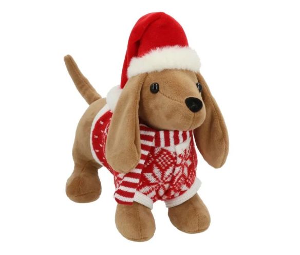 Cale-porte peluche chien teckel marron bonnet de Noël rouge blanc pull tricoté flocons écharpe rayée L33xP15xH25cm